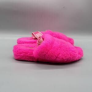 UGG Sandals Women 7 Pink Fluff Yeah Slide Logo Strap Slippers Open Toe Comfort